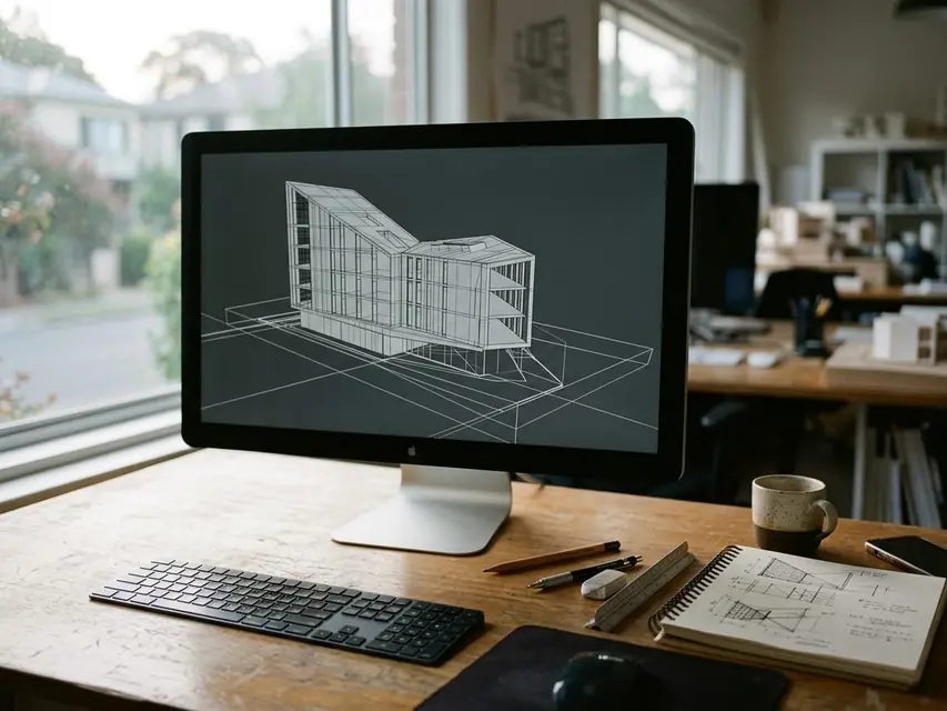Monitor mostrando o wireframe de um edifício