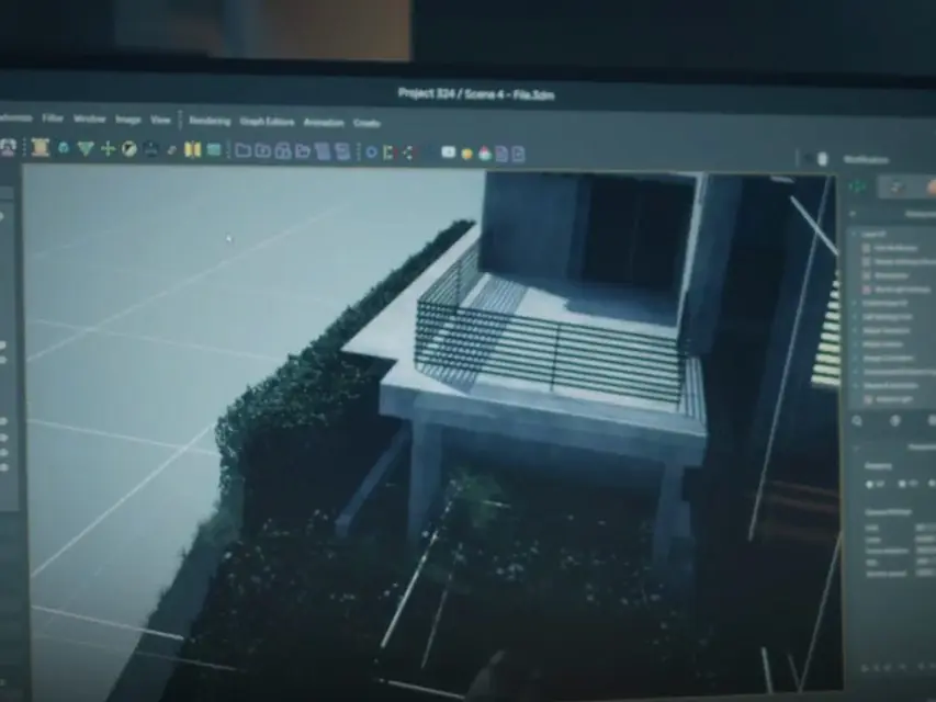 Software de modelagem 3D com a varanda de um edifício aberta na tela