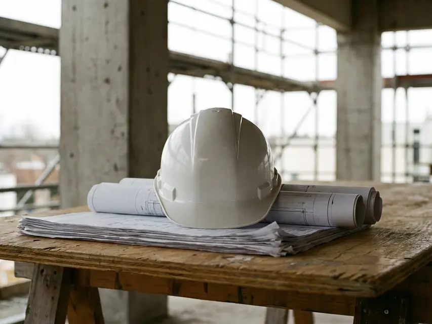 Capacete de obra sobre pranchas de projeto